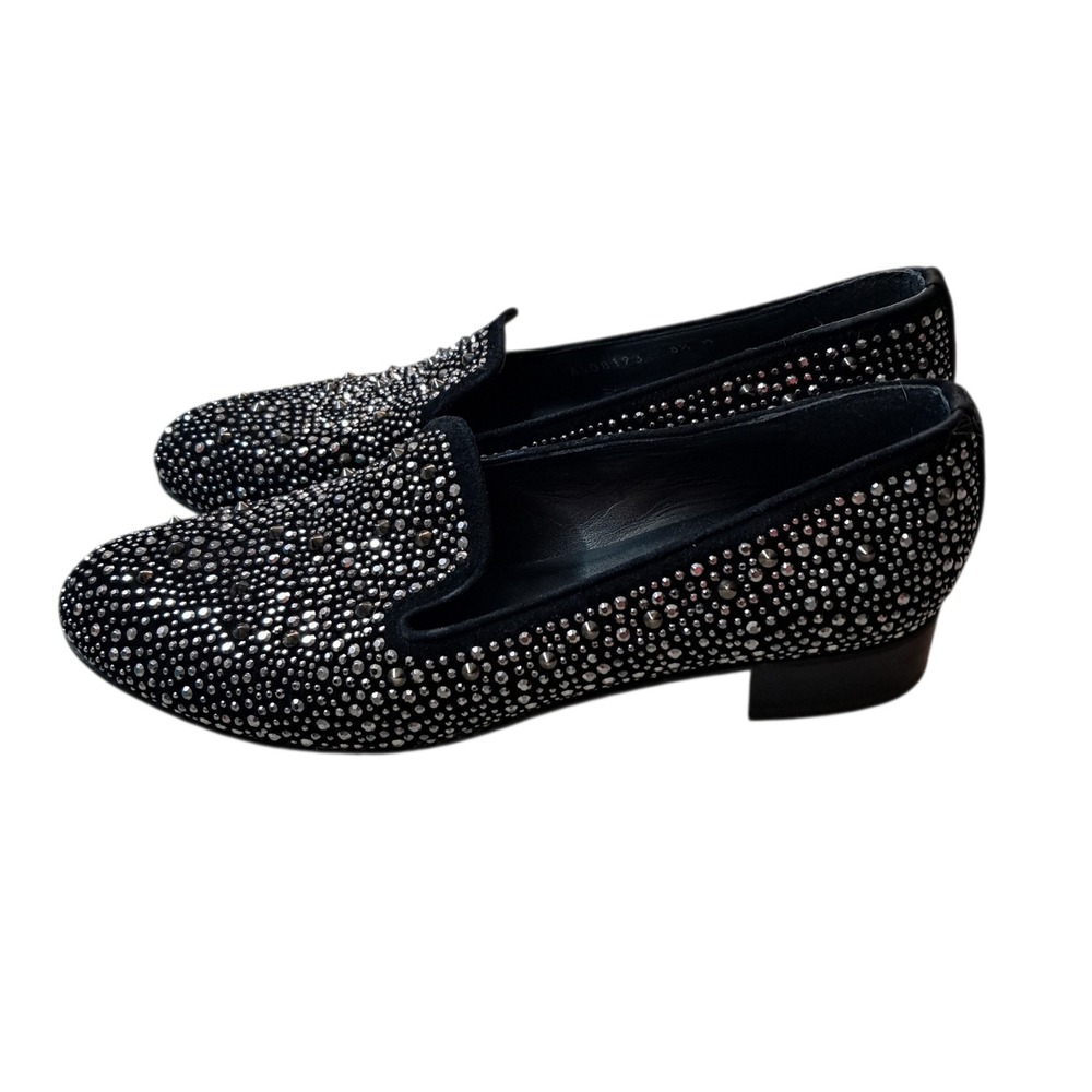 Stuart Weitzman Loafers Shoes Women's 8.5 Black Slipbead Studded Leather‎ Velvet